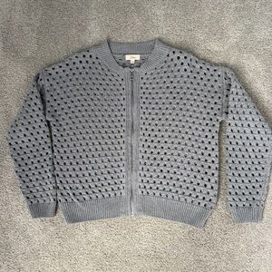 Elan Women's Open-Knit Zip-Up Crochet Sweater  in Light Gray Size Small